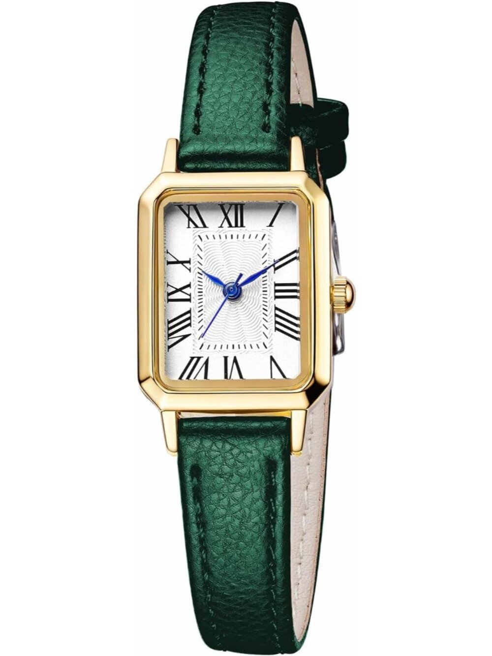 Women's Gold Green Vintage Rectangle Elegant Dainty Leather Strap Quartz Watch